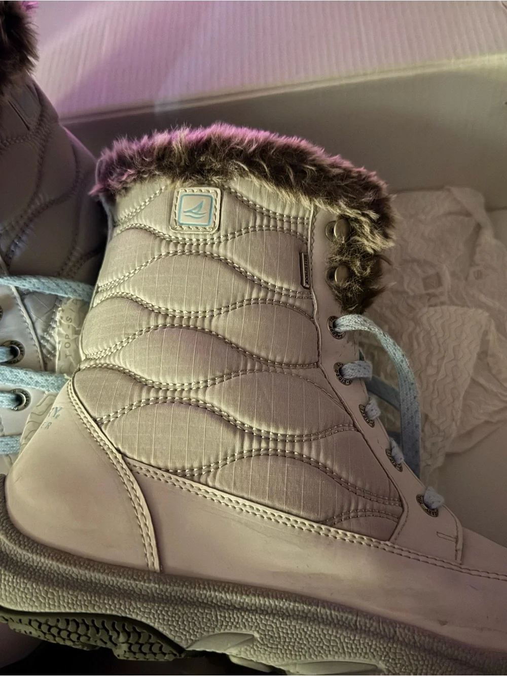 Sperry Light Gray Fur-Trim Lace-Up Winter Boots